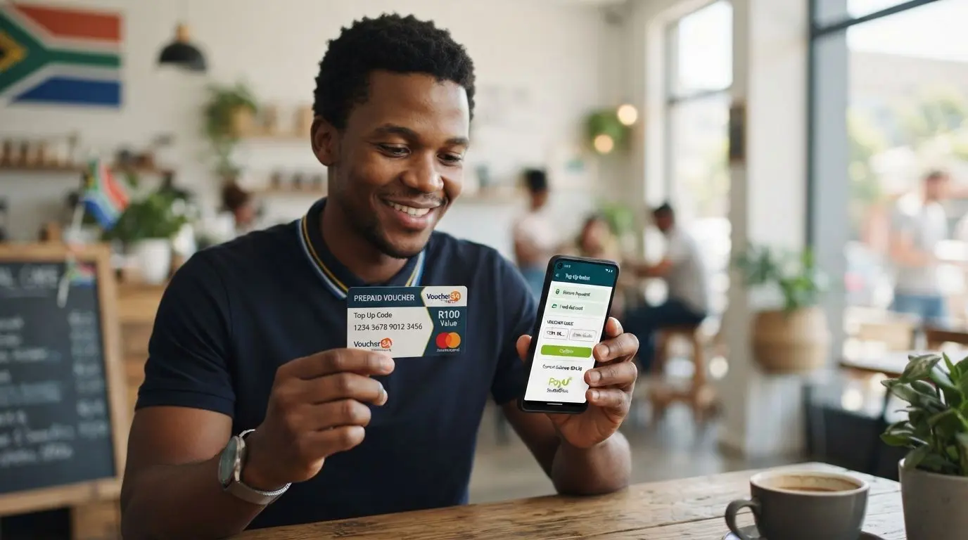 User holding a voucher code with a mobile funding interface in a South African context