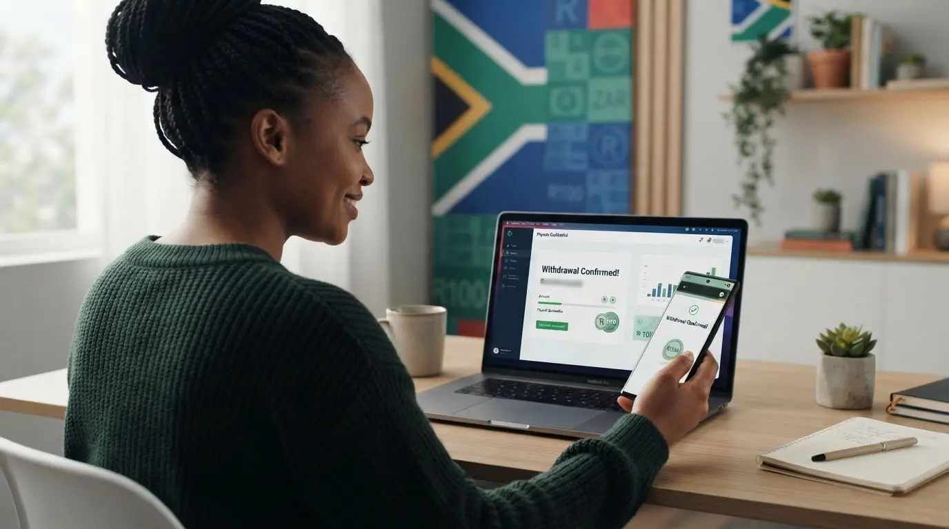 User viewing a confirmed payout screen with South African visual elements